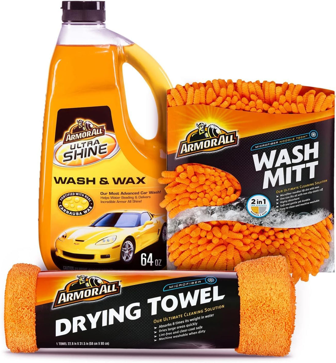 Armor All Car Wash Kit, Includes Car Wash Soap, Wash Mitt &amp; Microfiber Towel (3 Piece Kit)