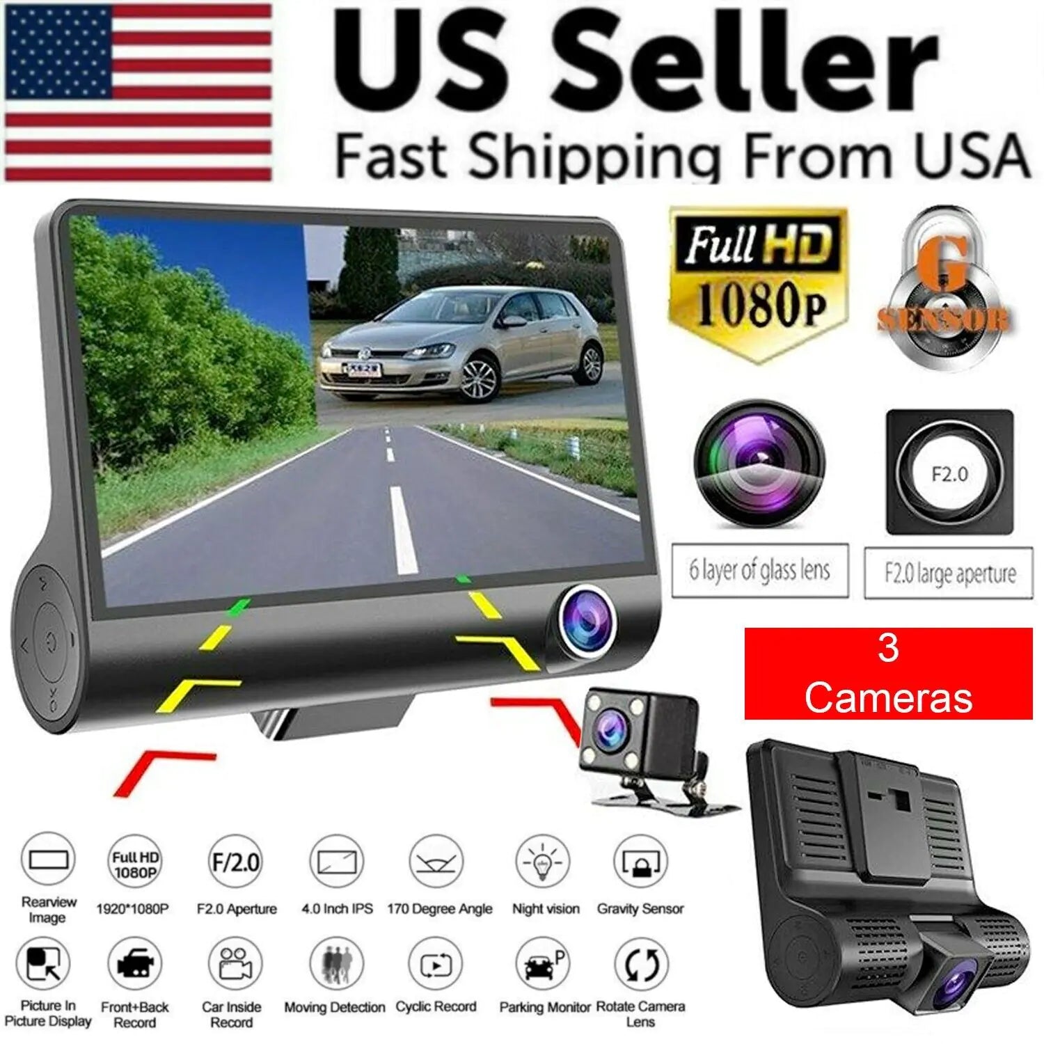 HD Car DVR Rearview Video Dash Cam Recorder 1080P 4&quot; Dual Lens